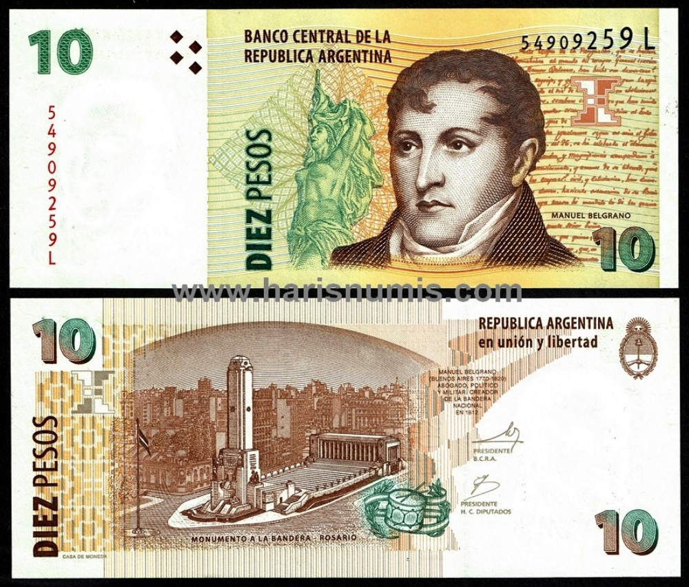 Picture of ARGENTINA 10 Pesos ND(2010) suffix L P 354a.5 UNC