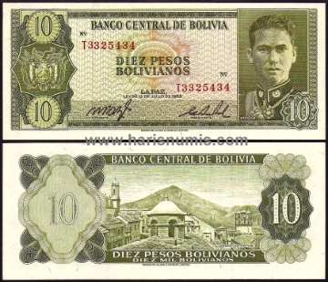 Picture of BOLIVIA 10 Pesos Bolivianos L1962 Sign. 1, P 154 UNC