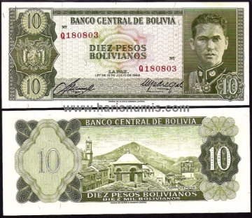 Picture of BOLIVIA 10 Pesos Bolivianos L1962 Sign. 5, P154 UNC