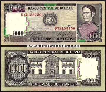 Picture of BOLIVIA 1000 Pesos Bolivianos 1982 P167 UNC