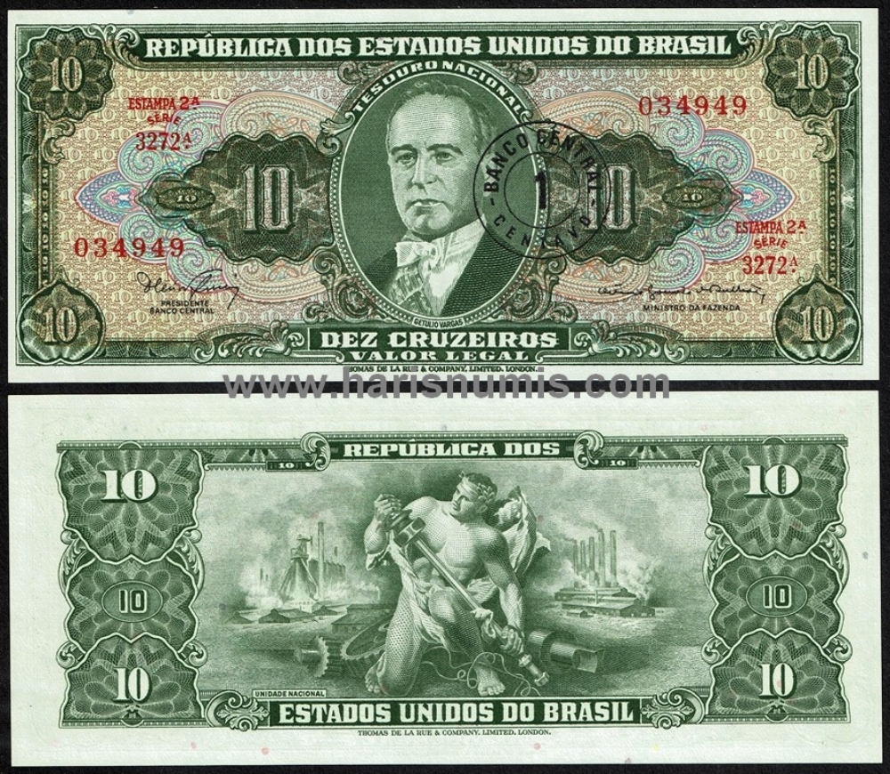 Picture of BRAZIL 1 Centavo on 10 Cruzeiros ND(1967) P183b UNC