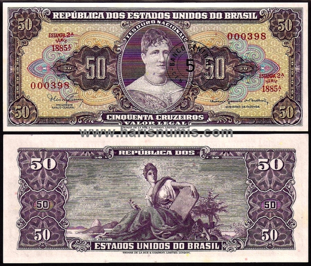 Picture of BRAZIL 5 Centavos on 50 Cruzeiros ND(1967) P184b UNC