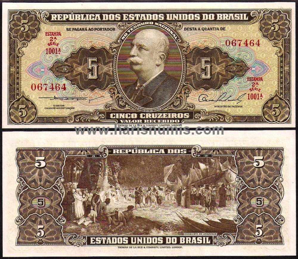 Picture of BRAZIL 5 Cruzeiros ND(1954) P158b UNC