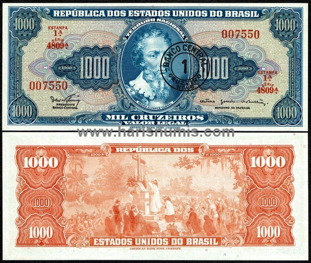 Picture of BRAZIL 1 Cruzeiro Novo on 1000 Cruzeiros ND(1966-67) P187b UNC