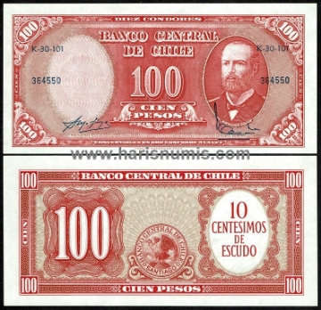 Picture of CHILE 10 Centisimos on 100 Pesos ND(1960-61) P127 UNC
