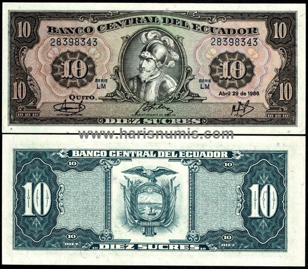 Picture of ECUADOR 10 Sucres 1986 P121a.3 UNC