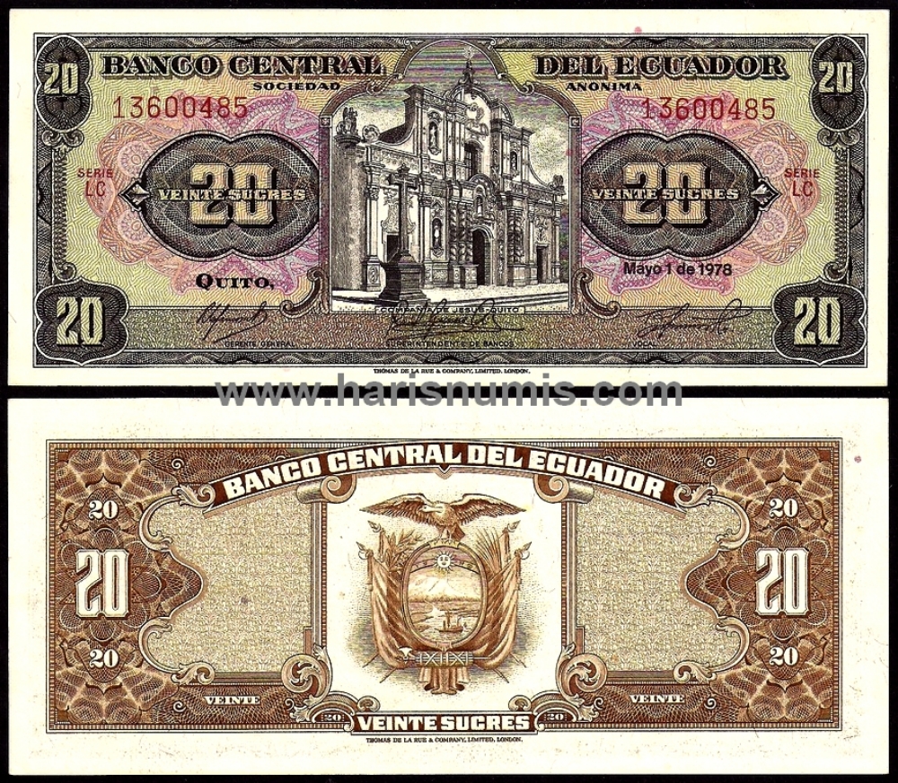 Picture of ECUADOR 20 Sucres 1978 P115b.1 UNC