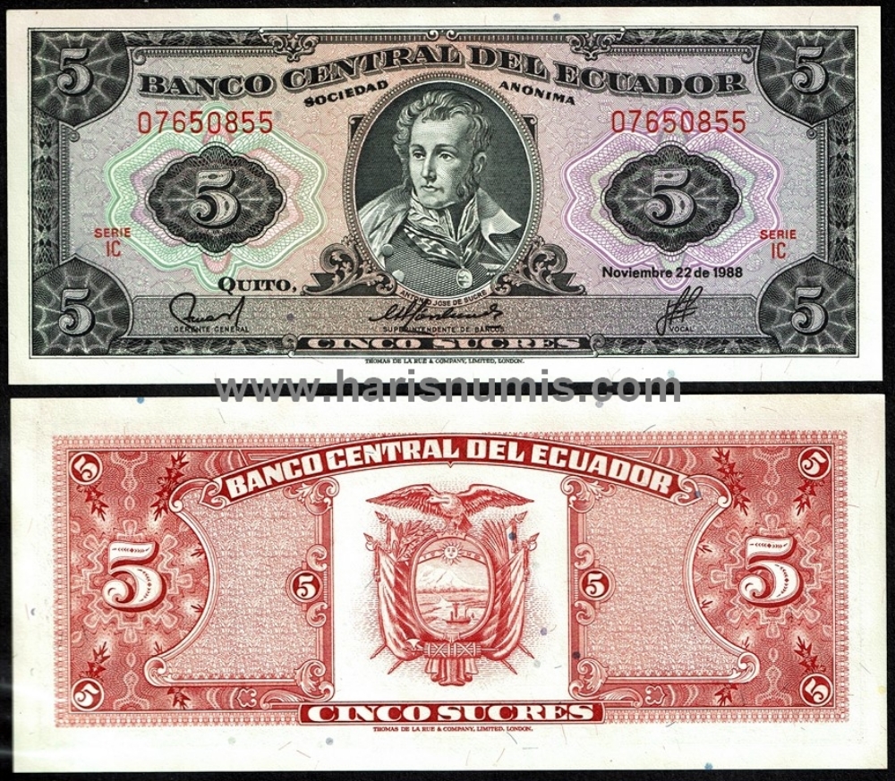 Picture of ECUADOR 5 Sucres 1988 P 113d.3 UNC