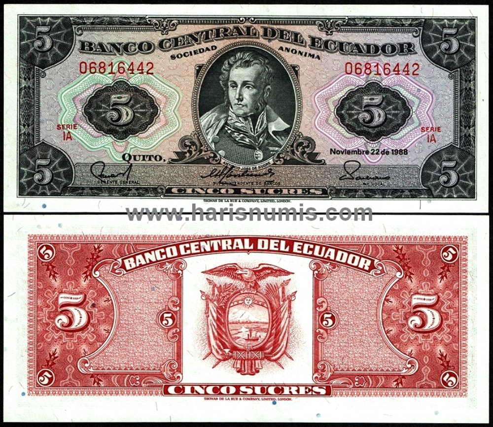 Picture of ECUADOR 5 Sucres 1988 P 113d.1 UNC