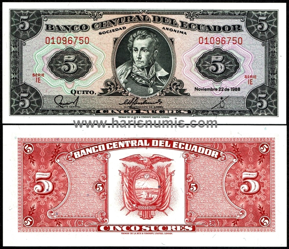 Picture of ECUADOR 5 Sucres 1988 P 113d.5 UNC