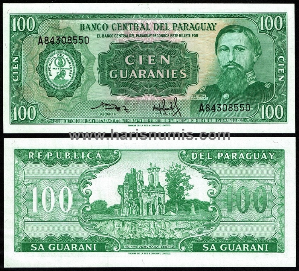 Picture of PARAGUAY 100 Guaranies L1952 ND(1982) P205a.3 UNC