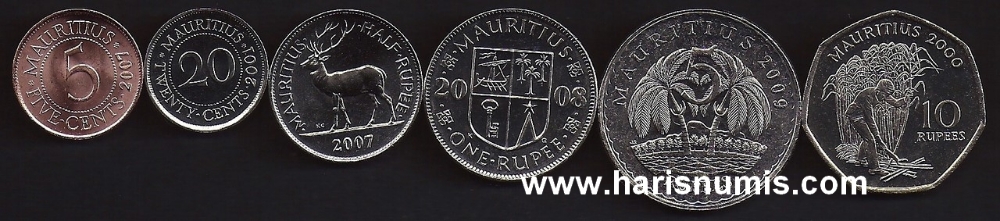 Picture of MAURITIUS 5 Cents-10 Rupees 2000-09, KM 52-61 UNC