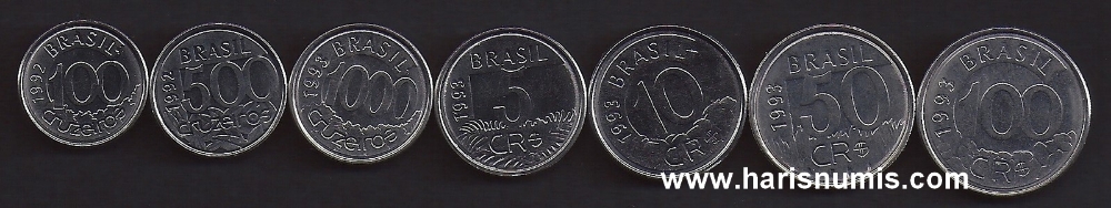 Picture of BRAZIL 100 Cruzeiros-100 CR$ 1992-93 KM623-630 UNC