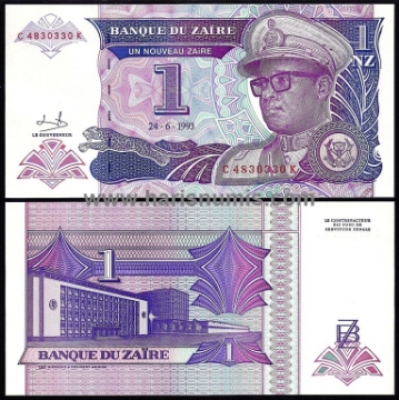 Picture of ZAIRE 1 Nouveau Zaire 1993 P52 UNC