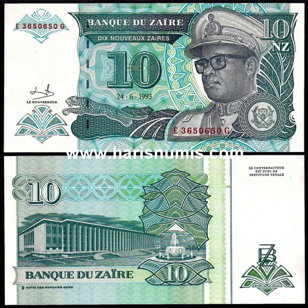 Picture of ZAIRE 10 Nouveaux Zaires 1993 P55 UNC