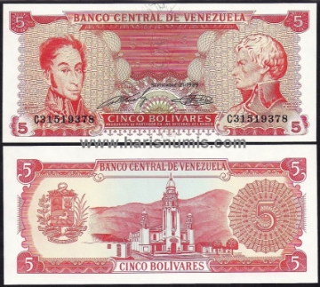 Picture of VENEZUELA 5 Bolivares 1989 P70 UNC