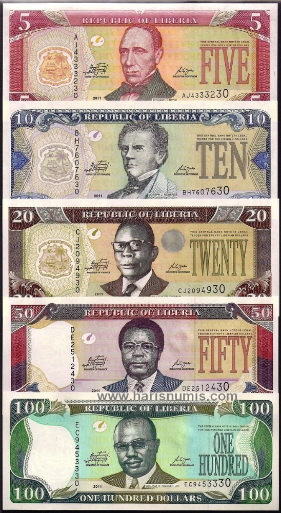 Picture of LIBERIA 5-100 Dollars 2011, 5 pc. set P 26f-30g UNC