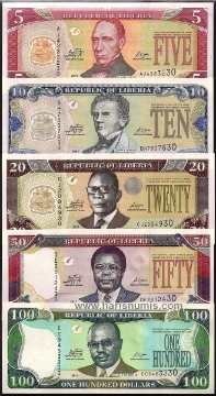 Picture of LIBERIA 5-100 Dollars 2011, 5 pc. set P 26f-30g UNC